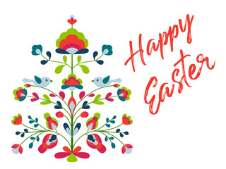 Happy Easter design with flowers and birds on tree of life. - 773440534