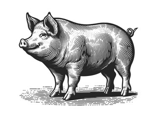 Fat pig in a vintage engraving style, with detailed shading and textures sketch engraving generative ai fictional character vector illustration. Scratch board imitation. Black and white image. - obrazy, fototapety, plakaty