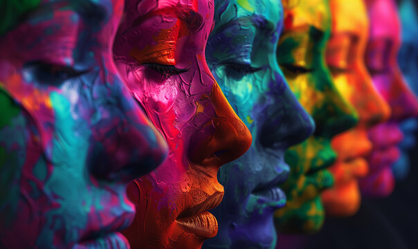 Group diversity colorful portrait silhouette of people from the side