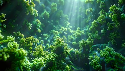 Underwater view of a group of seabed with green cinematic lighting, volumetric lighting,