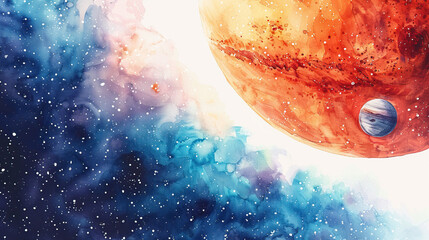 watercolor art planets in galaxy , sun, Astronaut space exploration, gateway to another universe.space, cosmonaut and galaxy for poster, banner or background , future, science fiction and astronomy - obrazy, fototapety, plakaty