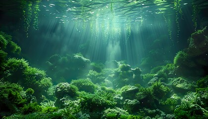 Underwater view of a group of seabed with green cinematic lighting, volumetric lighting,