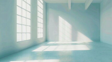 Obraz premium Empty room with large windows and light blue walls, sunlight