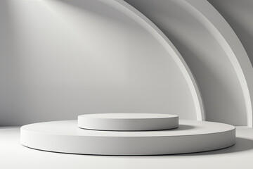 Fototapeta premium A sleek composition of white display podiums in front of an elegantly curved architectural backdrop, accentuated by soft natural lighting