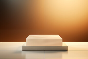 A minimalist white display box featuring a luminescent edge, set against a warm gradient backdrop, perfect for highlighting luxury items