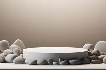 A serene white circular display surrounded by smooth stones, set against a warm-toned backdrop for a zen-like atmosphere