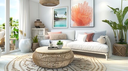 Modern living room interior with stylish sofa coral on rattan table