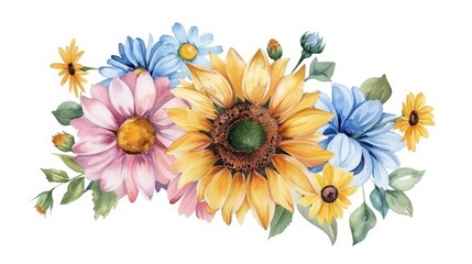 Watercolor bouquet of daisy and sunflower flowers, hand-drawn botanical illustration isolated on white background