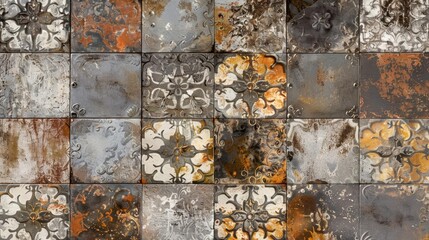 Vintage ornate ceramic tile pattern in shades of brown, gray and rust, shabby mosaic background texture