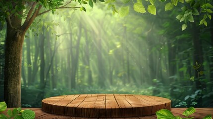 Wooden nature podium with forest background, product display stand illustration