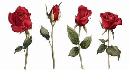 Red Rose Flowers Isolated on White Background, Romantic Love Symbol, Digital Illustration Set