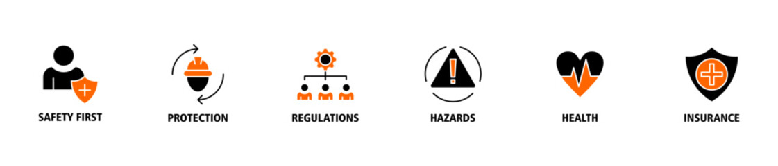 Work safety banner web icon vector illustration for occupational safety and health at work with safety first, protection, regulations, hazards, health, and insurance icon