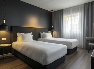 Modern hotel room with two beds, a dark gray and white color scheme, 