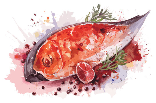 recommend clip art: Raw steak of salmon, trout, slice of fresh raw fish isolated on white background with clipping path vector art painting