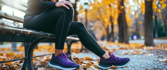 A woman in black leggings and purple sneakers is sitting on a bench, holding her leg with one hand as she shows pain after running or doing sports Generative AI - obrazy, fototapety, plakaty