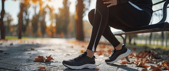 A young woman in black leggings and running shoes is sitting on a bench, holding her leg in pain after a workout or training at the park Generative AI - obrazy, fototapety, plakaty