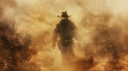 Rustic old west scene with cowboy in hat and jeans, surrounded by swirling fog and dust, concept art