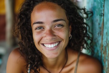 Face Smiling. Portrait of Happy Biracial Young Woman Smiling at Camera - Powered by Adobe