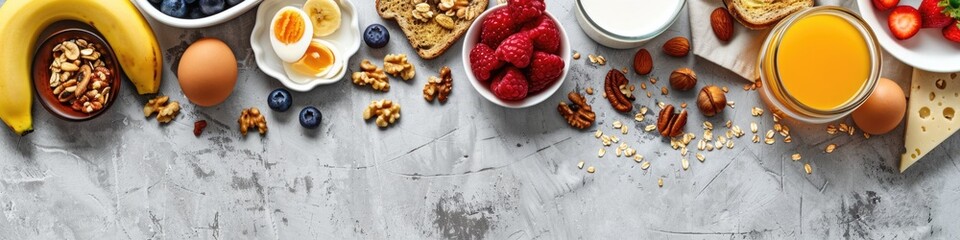 Healthy Ingredients. Top View of Breakfast Frame with Granola, Eggs, Nuts, Fruits, and More on Grey Background - obrazy, fototapety, plakaty