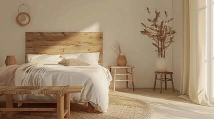 Fototapeta na wymiar Scandinavian style bedroom mockup with natural wood furniture and beige color scheme, interior design illustration