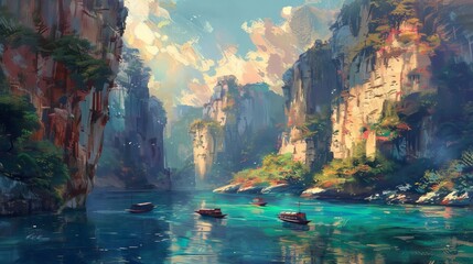 Scenic river landscape with boats, majestic cliffs and mountains in the background, digital painting - obrazy, fototapety, plakaty