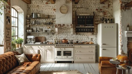 A bright, farmhouse kitchen with vintage charm, equipped with a rustic, white-painted brick wall ideal for hanging family photos or a grocery list.