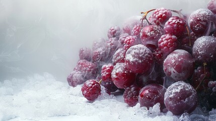 A digital composition featuring a small, steaming bunch of mixed berries in the bottom right corner, with a vast white canvas extending to the left  - Powered by Adobe