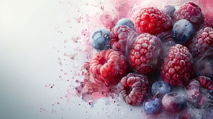 A digital composition featuring a small, steaming bunch of mixed berries in the bottom right corner, with a vast white canvas extending to the left and up, emphasizing simplicity and space