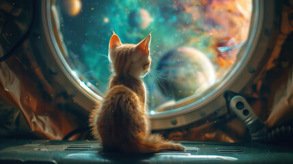 a cat watching cosmonaut discovery of new worlds through a spaceship window, gateway to another universe.space, cosmonaut and galaxy for poster, banner or background , future, science fiction  - obrazy, fototapety, plakaty