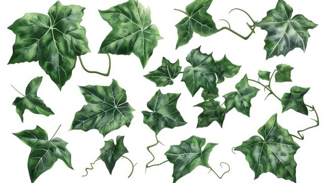 Set of lush green Javanese treebine or grape ivy leaves isolated on white, digital illustration