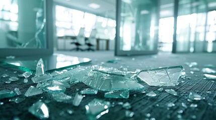 Shattered glass fragments scattered on office floor, symbolizing broken trust, failed partnership, or workplace conflict - obrazy, fototapety, plakaty
