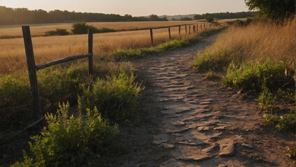 Ground-Level Perspective of Deserted Winding Path in Rural Countryside at Dawn.