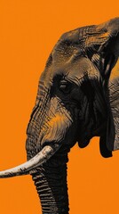 A powerful elephant with tusks stands in front of a vibrant orange background