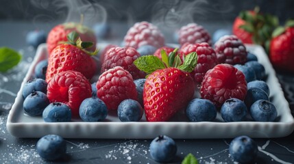 A digital creation of a picture frame showcasing a colorful mix of steaming berries - strawberries,...