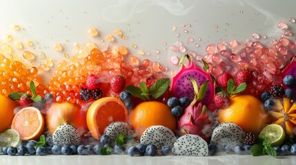 A digital portrayal featuring a minimal grouping of steaming exotic fruits like dragon fruit and...