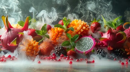 A digital portrayal featuring a minimal grouping of steaming exotic fruits like dragon fruit and...