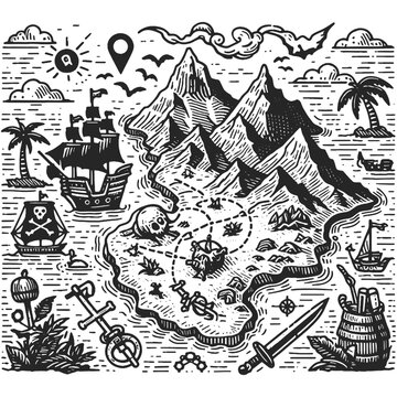 classic pirate treasure map featuring sailing ships, palm trees, and compass roses sketch engraving generative ai vector illustration. Scratch board imitation. Black and white image.