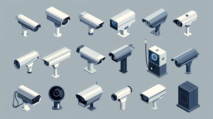 Sleek and modern security camera icon set, featuring various CCTV and video surveillance designs on an isolated background