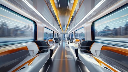 Sleek, modern interior of futuristic high-speed train with panoramic windows, 3D rendering