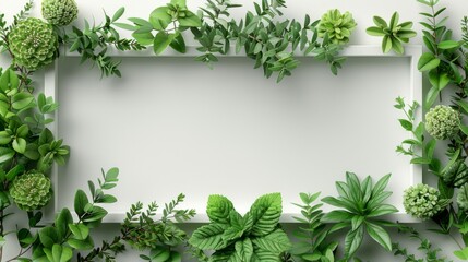 A digitally crafted image showcasing a picture frame composed of aromatic herbs such as thyme, rosemary, and mint, against a stark white canvas, emphasizing their lush greenery - obrazy, fototapety, plakaty
