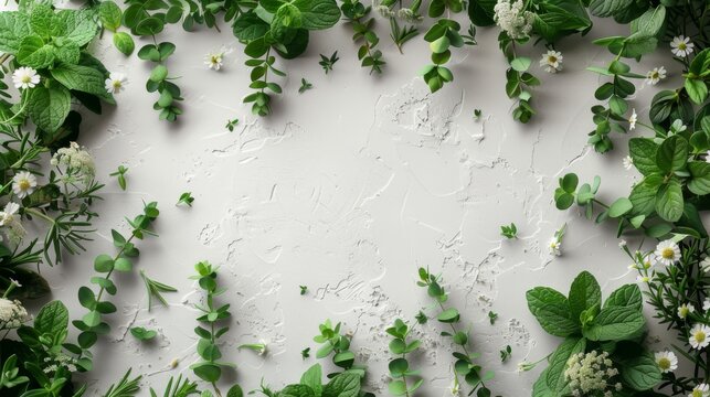 A digitally crafted image showcasing a picture frame composed of aromatic herbs such as thyme, rosemary, and mint, against a stark white canvas, emphasizing their lush greenery and delicate textures