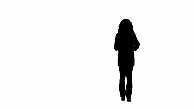 Young female reporter. Full shot african american woman tv news host running. Black silhouette on white isolated background.
