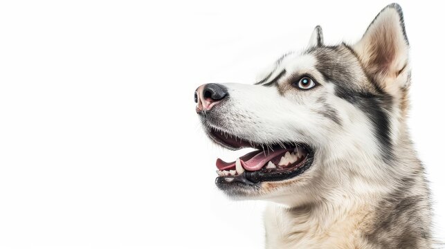 Smiling adult Siberian Husky dog portrait isolated on white background, happy purebred canine photo