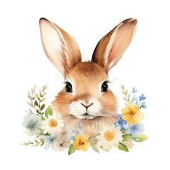 Rabbit Surrounded by Daisies Watercolor Painting