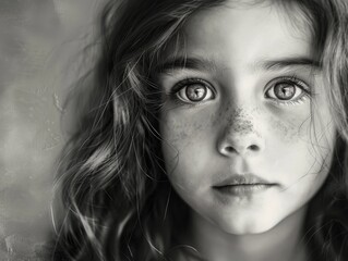 Black and white Portrait of a little girl. The deep look of a child, childish naivety and spontaneity. Children Protection Day.