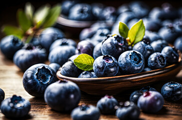 Create a close-up, high-definition image of a bunch of ripe blueberries, capturing their vibrant blue hue and dewy texture against a dark background. 
 - obrazy, fototapety, plakaty