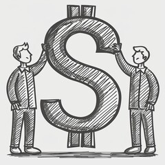 Business concept of increasing profits. A huge dollar sign is built and reinforced by managers or businessmen. Collaboration and cooperation of specialists to increase profits. Pencil sketch.
