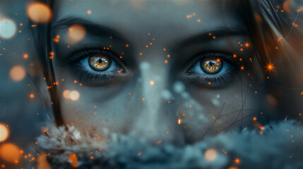 The fairy-tale eyes of a beautiful woman with a seductive look may symbolize temptation, the devil.