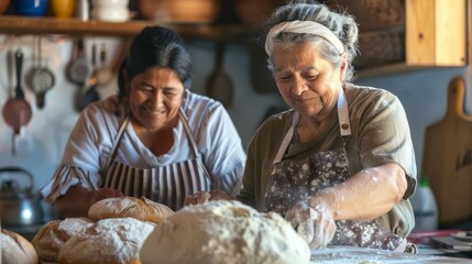 Traditional home bakery studio portrait of two happy mature Latina women preparing bread dough together