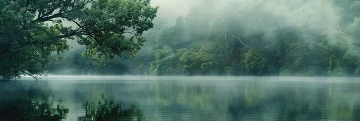 Sierkussen Lake Water. Tranquil Morning Landscape with Forest and Fog at the Lake © AIGen